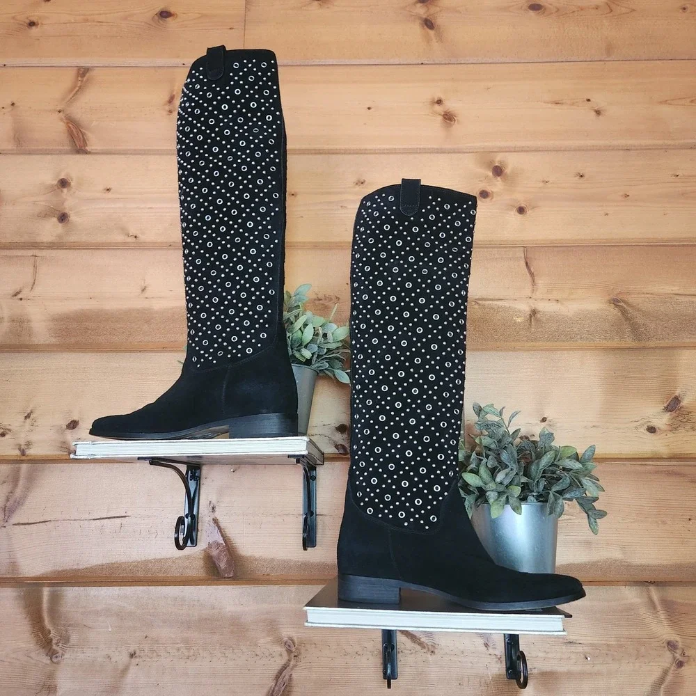 Michael Kors Sally Studded Flat Boot‎ Tall Suede Leather Embellished Moto Sz 8 M